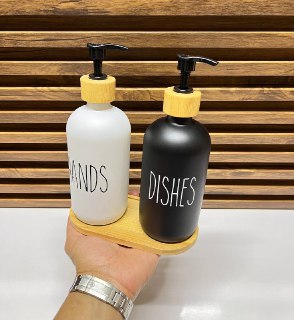 Ensemble Distributeurs de Savon Mains et Vaisselle avec Support en Bois