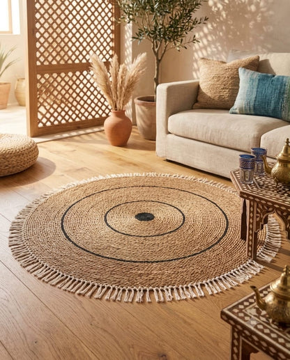 Tapis Rond en Fibres Naturelles à Franges et Cercles Noirs