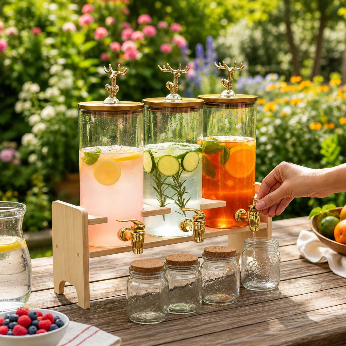 Distributeur de Boissons Triple en Verre – Socle en Bambou & Robinets Dorés