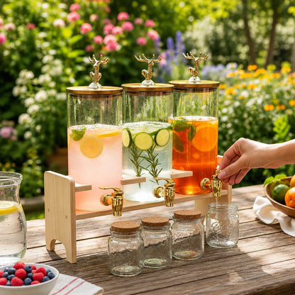 Distributeur de Boissons Triple en Verre – Socle en Bambou & Robinets Dorés