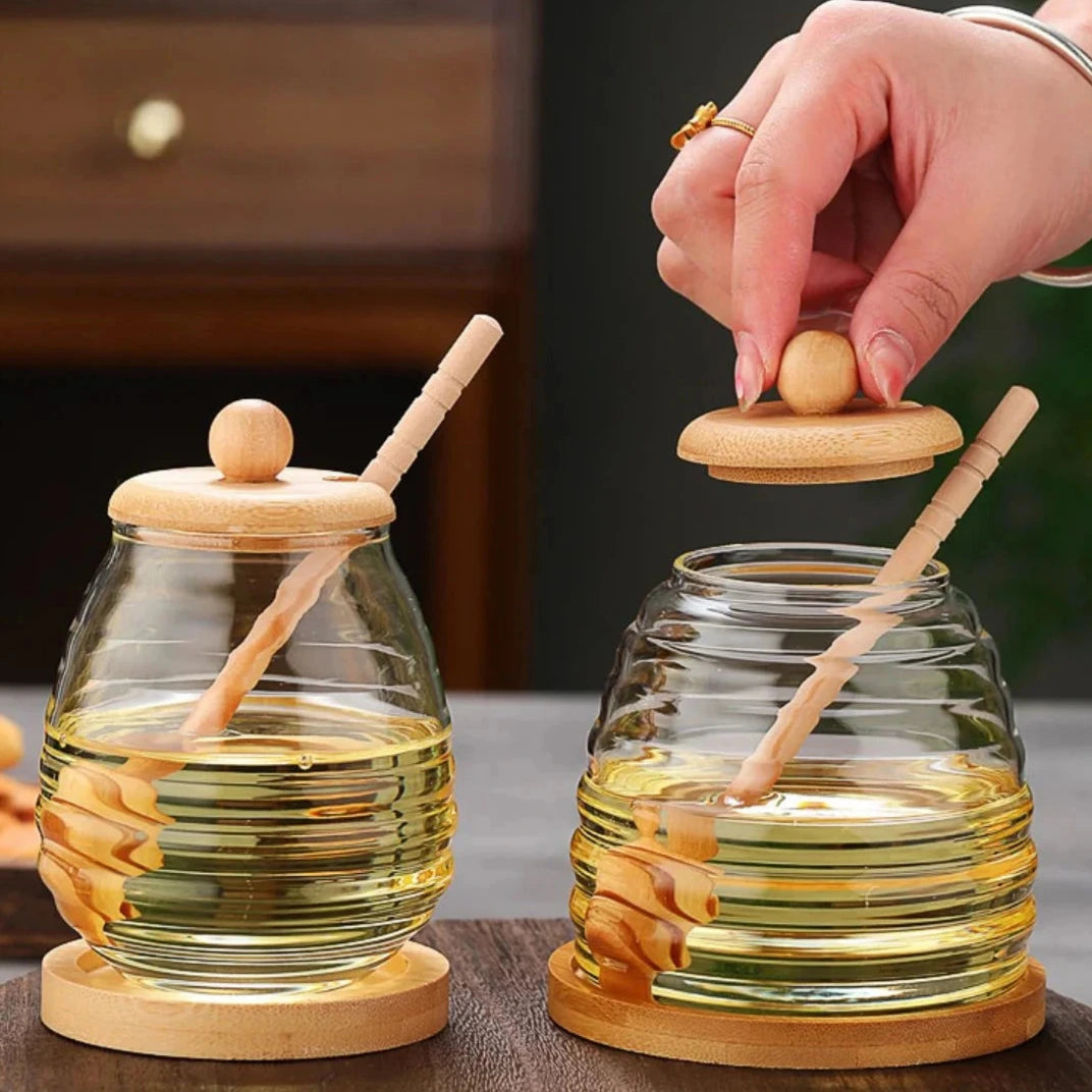 Pot à miel en verre avec cuillère en bois de bambou