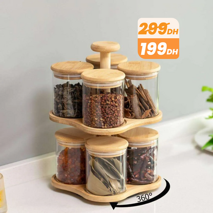 Ensemble de 8 Bocaux en Verre avec Support Rotatif en Bambou