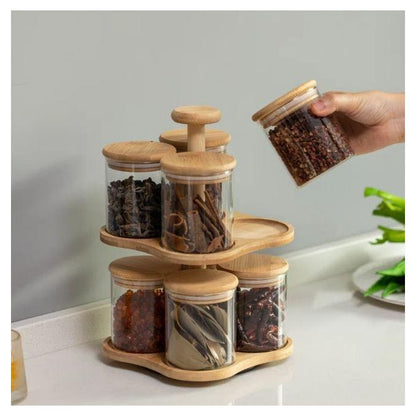 Ensemble de 8 Bocaux en Verre avec Support Rotatif en Bambou