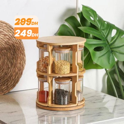 Étagère à Épices Rotative 360° en Bois – 10 Bocaux