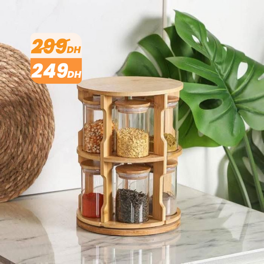 Étagère à Épices Rotative 360° en Bois – 10 Bocaux