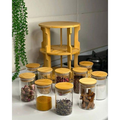 Étagère à Épices Rotative 360° en Bois – 10 Bocaux