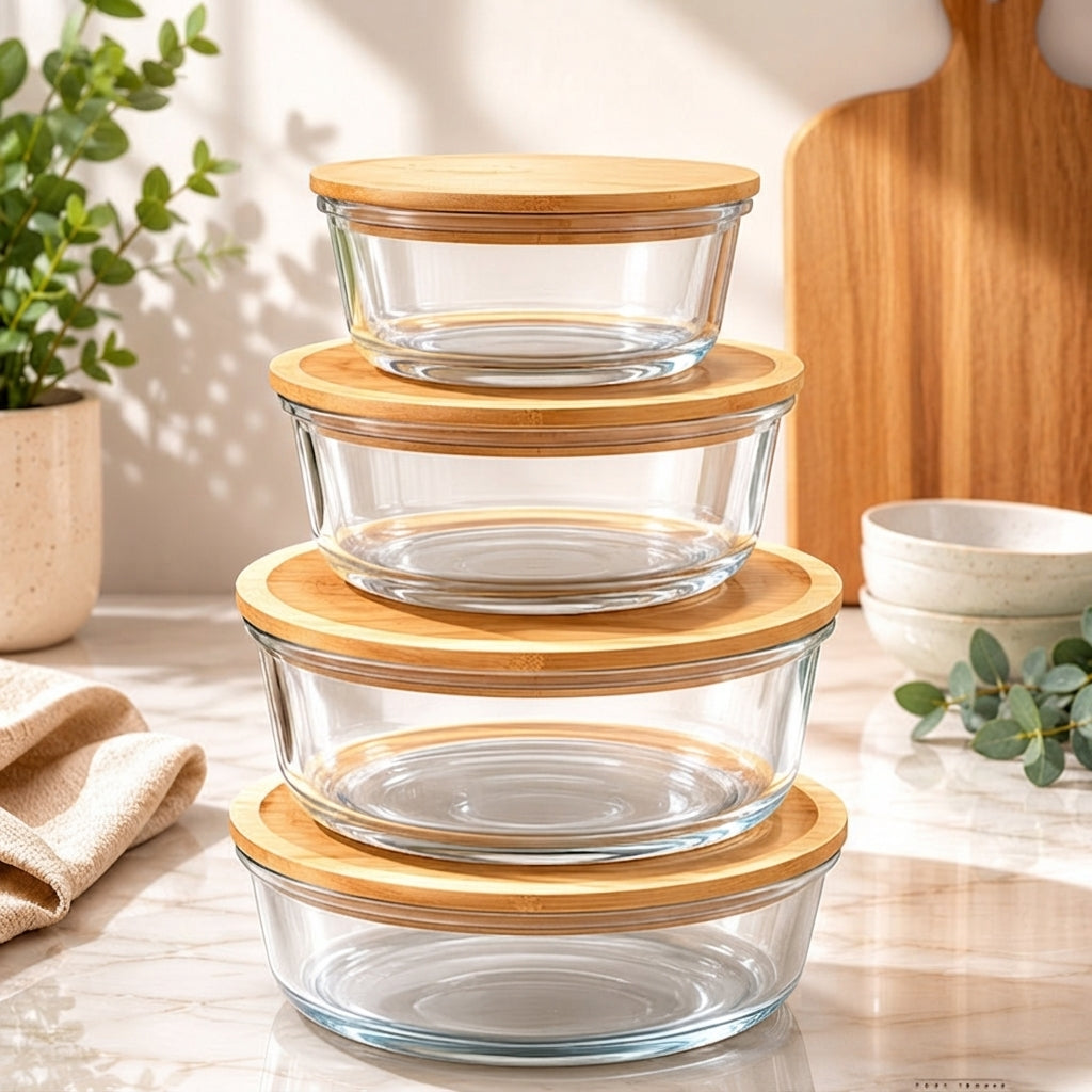 Boîte à Lunch en Verre avec Couvercle en Bambou – Grande Capacité, Anti-Fuite & Micro-ondes