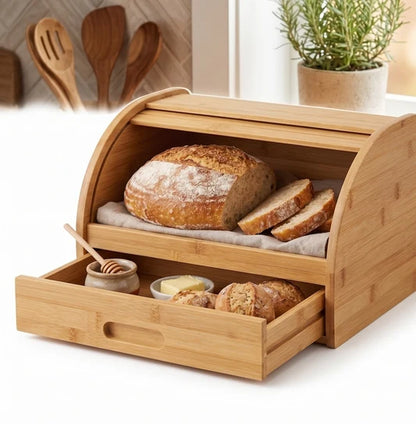 Boîte à Pain en Bambou Double Niveau – Huche à Pain avec Tiroir à Couverts