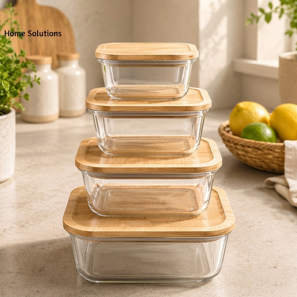 Boîte à Lunch en Verre avec Couvercle en Bambou – Grande Capacité, Anti-Fuite & Micro-ondes