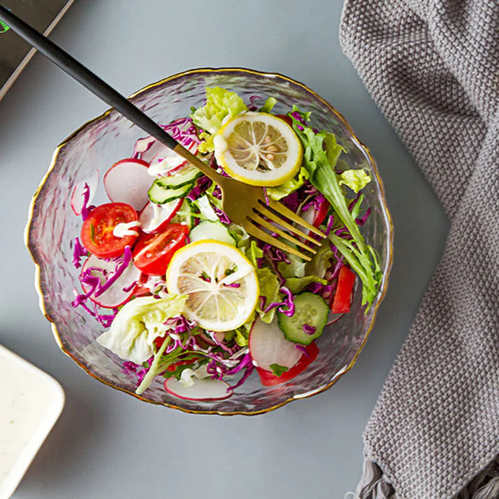 3 Bols à Salade en Verre Transparent avec Bordure Dorée