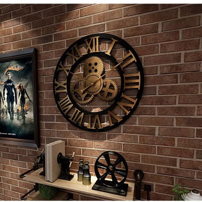 Horloge Murale Industrielle en Métal – Design Vintage avec Rouages Apparents