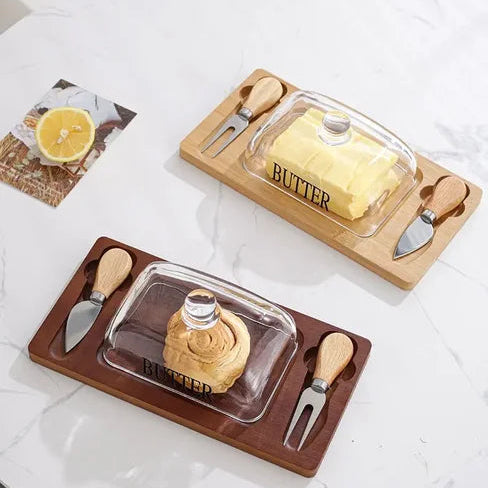 Beurrier en bois de bambou avec couvercle en verre et couteau à beurre assorti