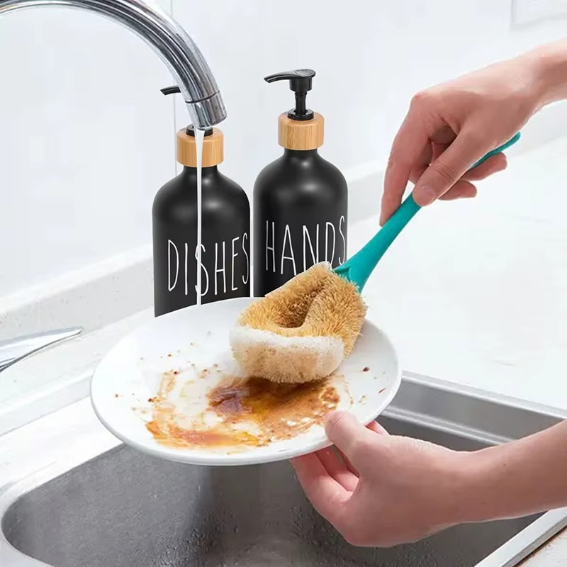 Distributeur de savon 500 ml avec plateau en bambou – Rechargeable