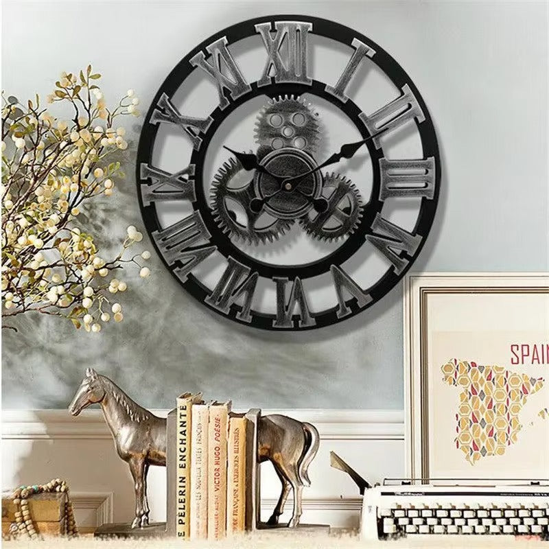 Horloge Murale Industrielle en Métal – Design Vintage avec Rouages Apparents