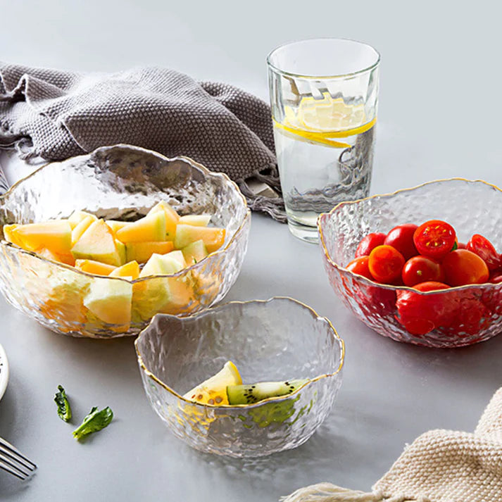 3 Bols à Salade en Verre Transparent avec Bordure Dorée