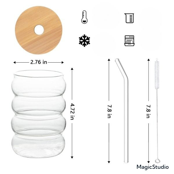 3 Verre Créatif Ondulé avec Couvercle et Paille 250ML