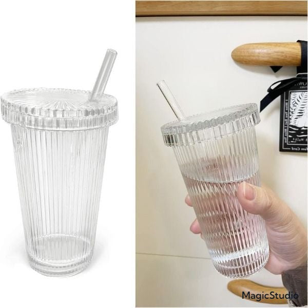 4 Verre Transparent avec Couvercle et Paille