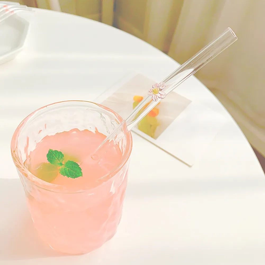 6 Pailles Réutilisables en Verre Borosilicate – Collection Fleur