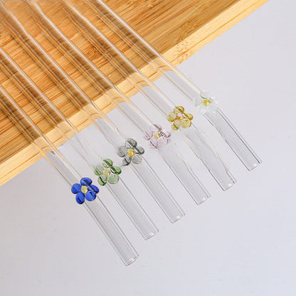 6 Pailles Réutilisables en Verre Borosilicate – Collection Fleur
