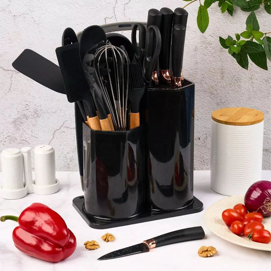 Set Complet de Cuisine en Silicone et Bambou - 18 Ustensiles, Couteaux, Spatules, Planche à Découper et Support