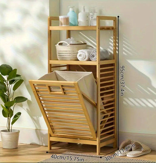 Étagère de salle de bain en bambou avec panier à linge intégré