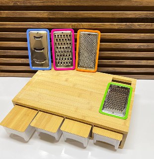 Planche à Découper en Bambou avec Conteneurs de Stockage et Râpes