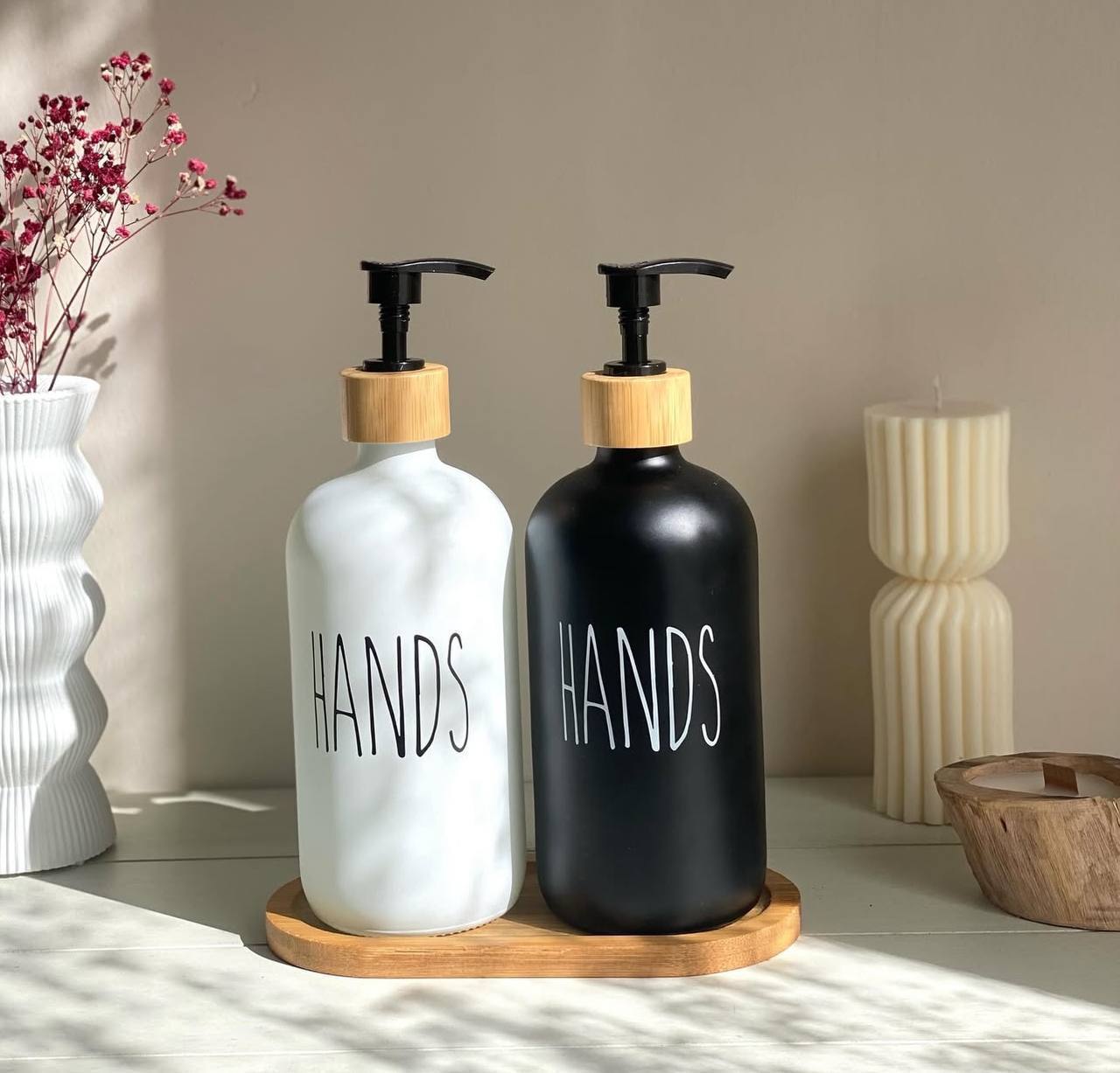 Ensemble Distributeurs de Savon Mains et Vaisselle avec Support en Bois