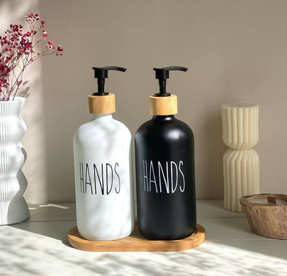 Ensemble Distributeurs de Savon Mains et Vaisselle avec Support en Bois