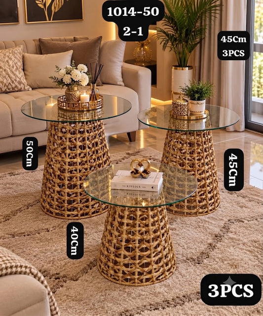 Set de Tables Basses Gigognes en Rotin Tressé et Verre