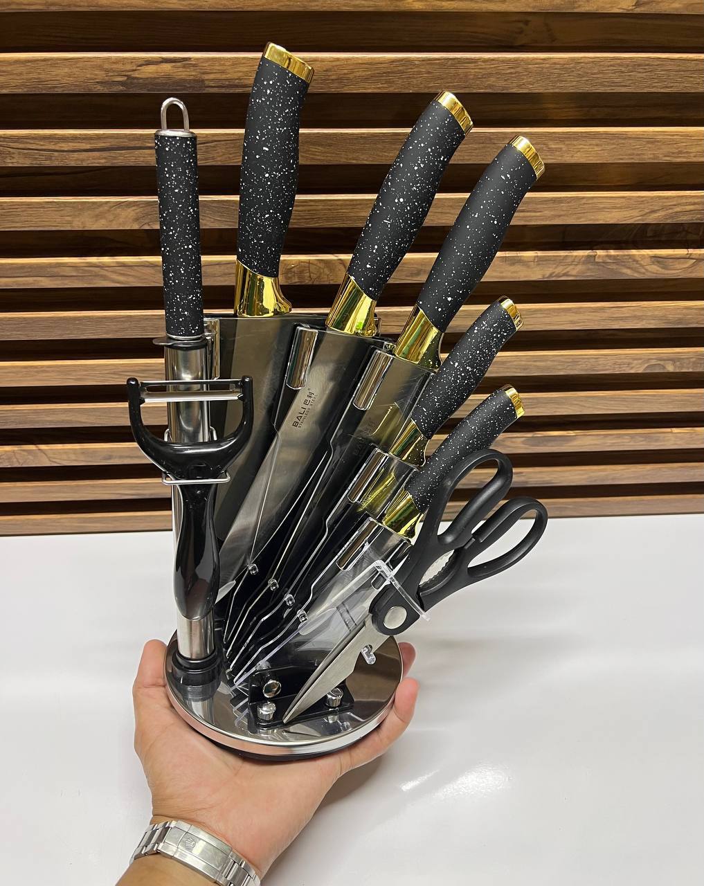 Ensemble de 9 couteaux de cuisine en acier inoxydable - Poignées noires décoratives et support en acrylique