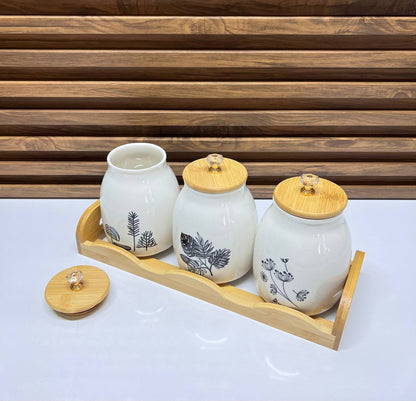 Ensemble de pots en céramique pour thé, café et sucre, avec couvercles et plateau en bois