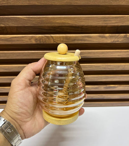 Pot à miel en verre avec cuillère en bois de bambou