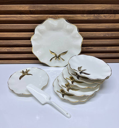 Ensemble de service à gâteau et fruits en céramique, avec bords dorés et design papillon (9 pièces)