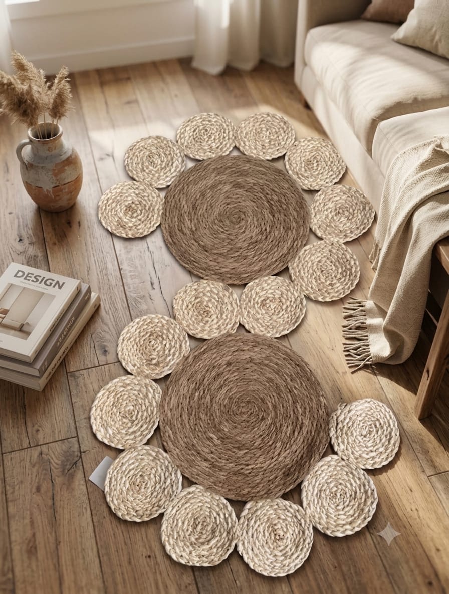 Tapis Décoratif Rond en Fibres Tressées Motif Floral