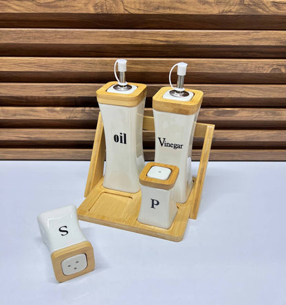 Ensemble Huile & Vinaigre en céramique avec support en bambou