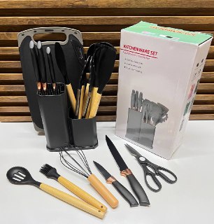 Ensemble d'ustensiles de cuisine en silicone avec manches en bois et support