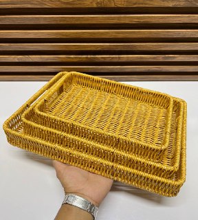 Ensemble de 3 Plateaux de Rangement Rectangulaires en Rotin Tressé - Style Naturel et Élégant