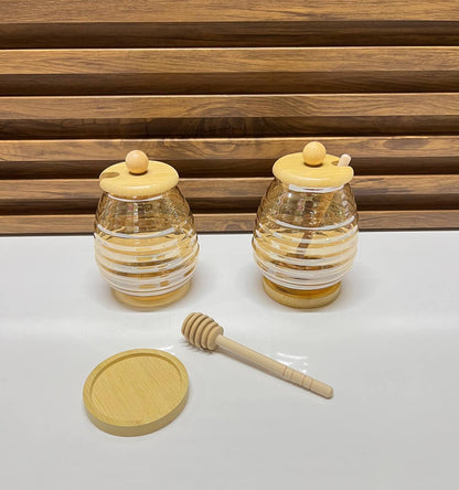 Pot à miel en verre avec cuillère en bois de bambou