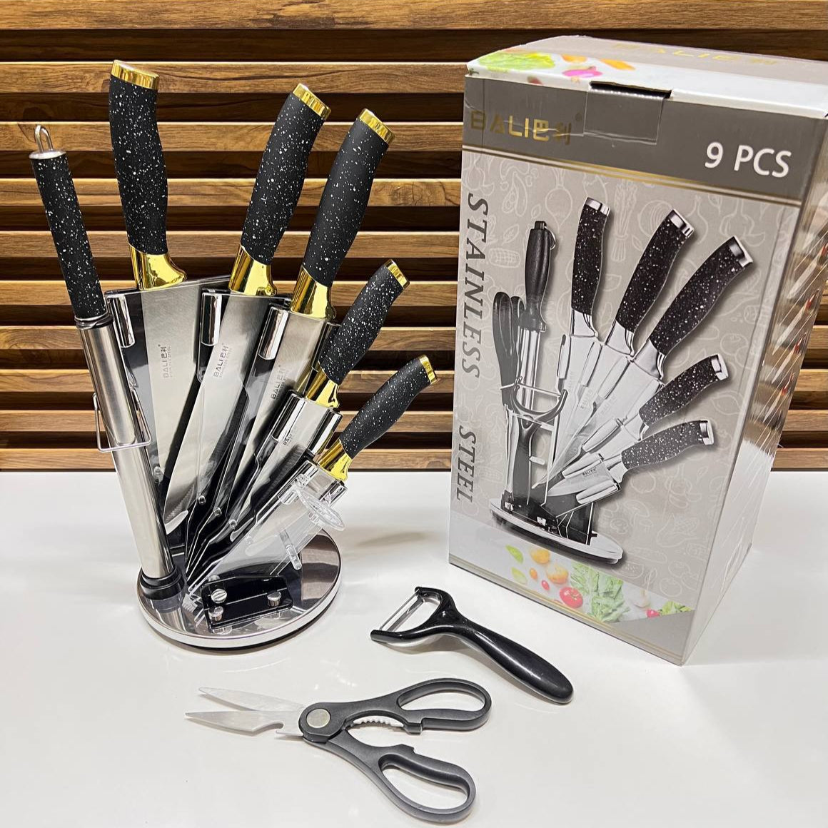 Ensemble de 9 couteaux de cuisine en acier inoxydable - Poignées noires décoratives et support en acrylique