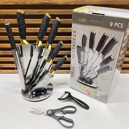 Ensemble de 9 couteaux de cuisine en acier inoxydable - Poignées noires décoratives et support en acrylique