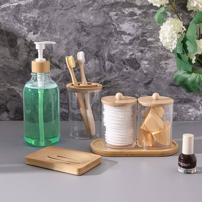 Ensemble d'Accessoires de Salle de Bain en Verre & Bambou – 4 Pièces