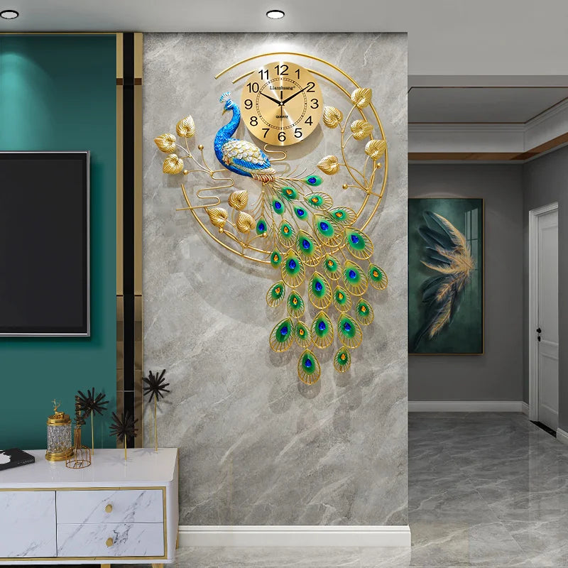 Grande Horloge Murale Numérique Paon – Design Doré et Silencieux (93x65 cm)