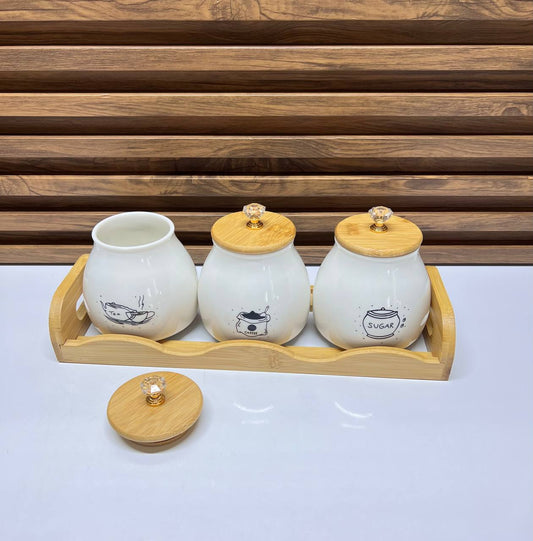 Ensemble de pots en céramique pour thé, café et sucre, avec couvercles et plateau en bois