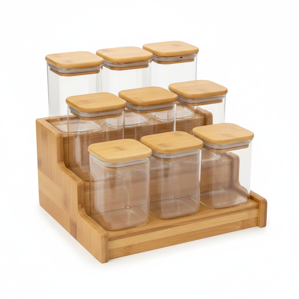 Organisateur d'Épices en Bambou 3 Niveaux – Présentoir avec Bocaux en Verre Hermétiques