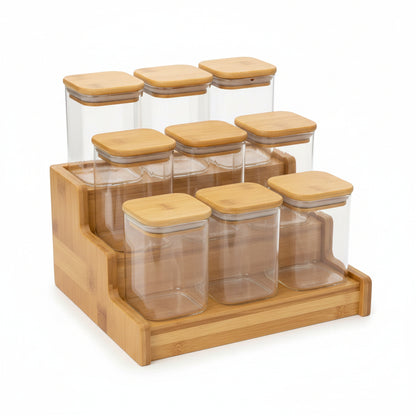 Organisateur d'Épices en Bambou 3 Niveaux – Présentoir avec Bocaux en Verre Hermétiques