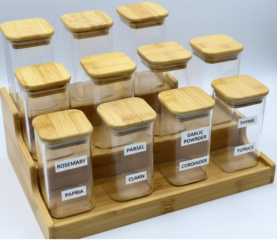 Organisateur d'Épices en Bambou 3 Niveaux – Présentoir avec Bocaux en Verre Hermétiques