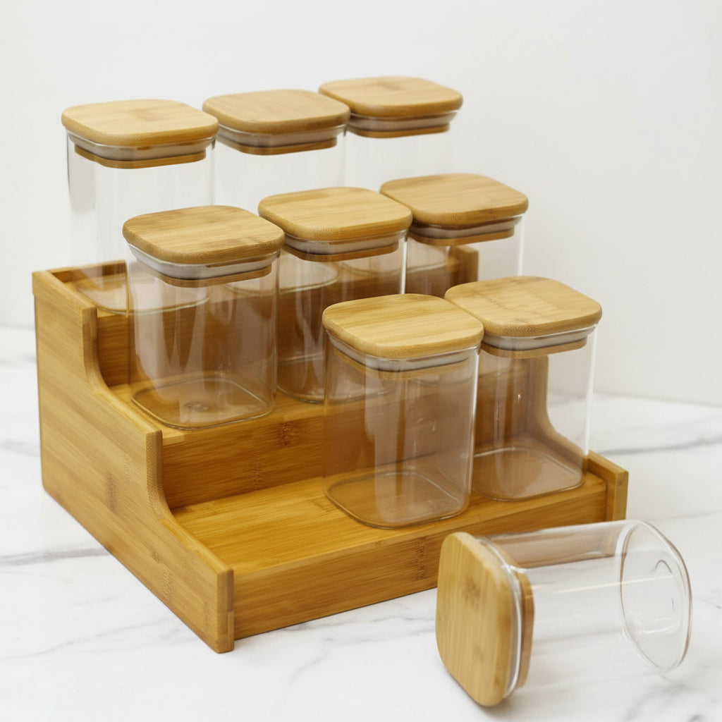 Organisateur d'Épices en Bambou 3 Niveaux – Présentoir avec Bocaux en Verre Hermétiques