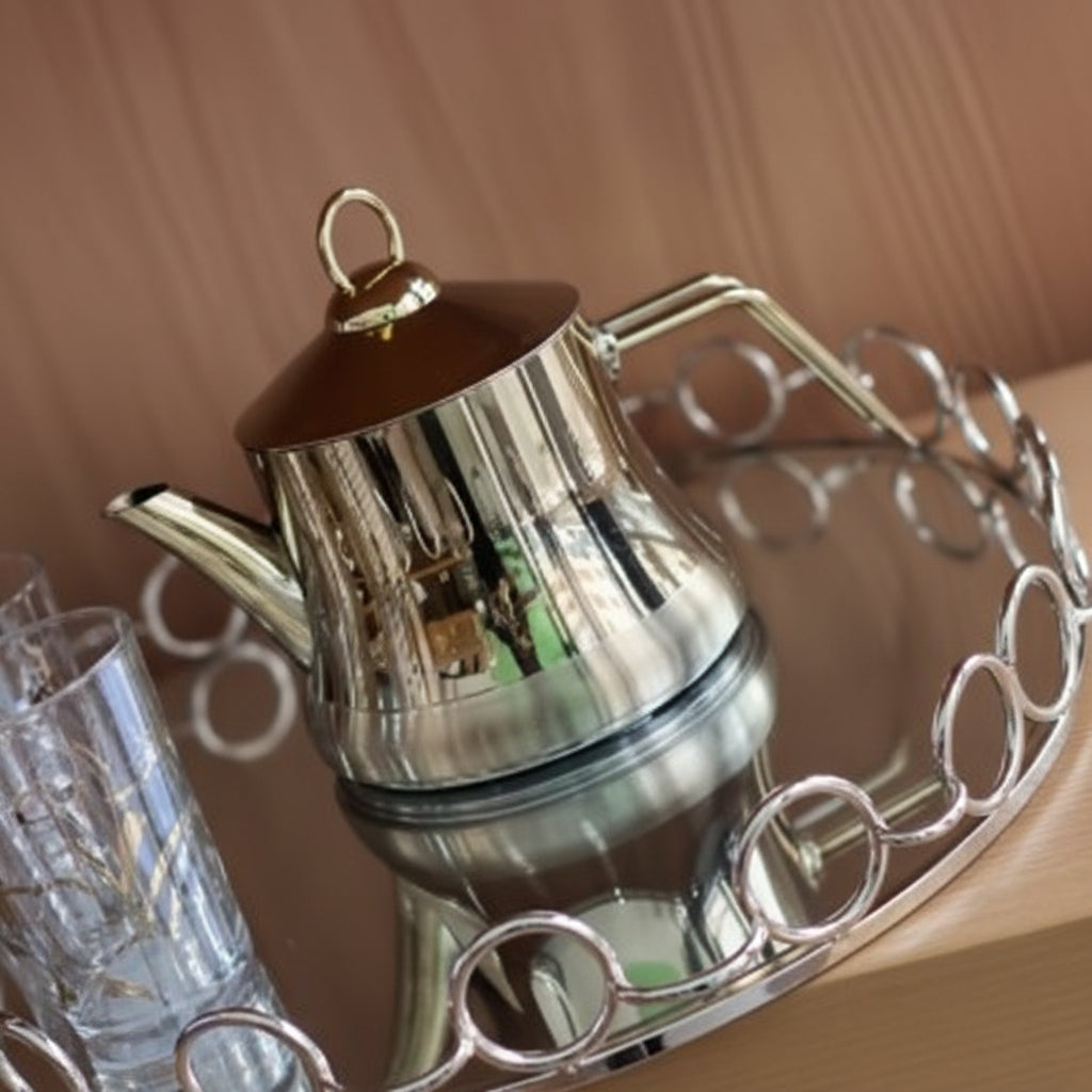 Théière Vintage en Acier Inoxydable – Bouilloire avec Poignée et Anneau Dorés