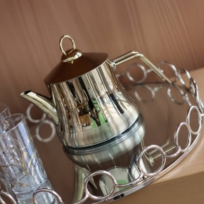 Théière Vintage en Acier Inoxydable – Bouilloire avec Poignée et Anneau Dorés