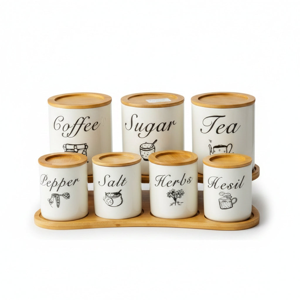 Ensemble de 7 Bocaux à Épices et Condiments – Pots de Cuisine avec Support Double Niveau